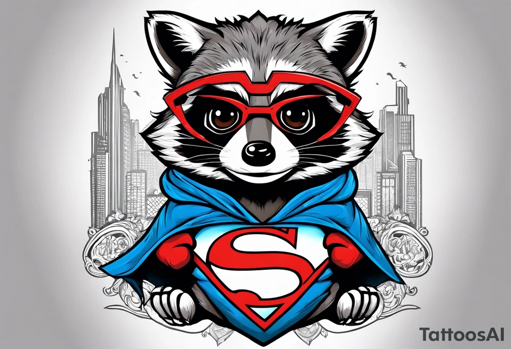 Raccoon wearing a Superman hoodie tattoo idea