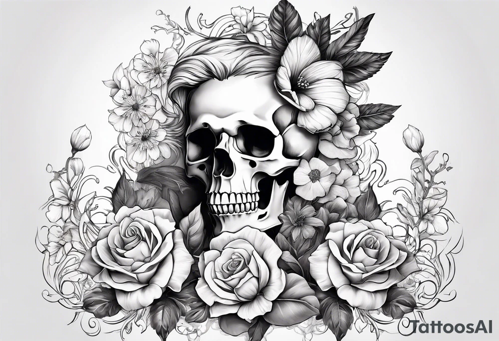 a male and female skeleton with bibiscus flowers. western style tattoo idea