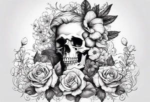 a male and female skeleton with bibiscus flowers. western style tattoo idea