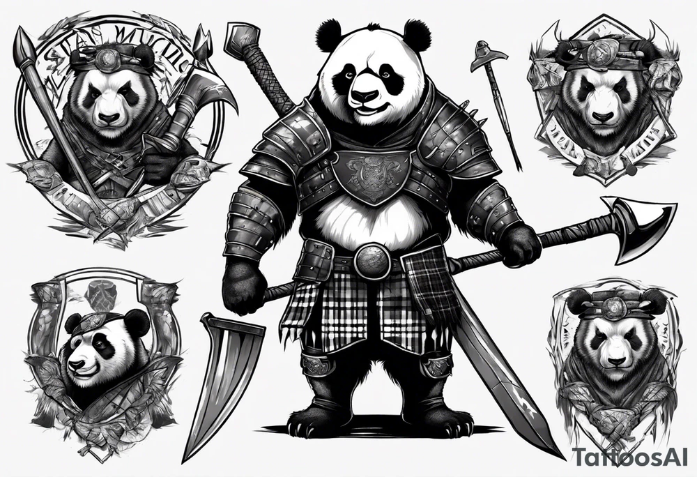 Full body Scottish warrior panda with battle axe and Mclean tartan tattoo idea