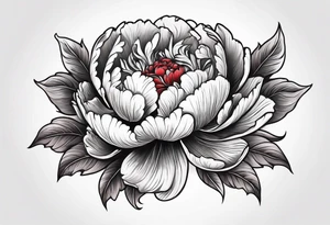 Red peony with small rabbit on petal tattoo idea