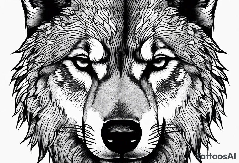 frontal lone wolf face, lonely but wise, staring at moon tattoo idea