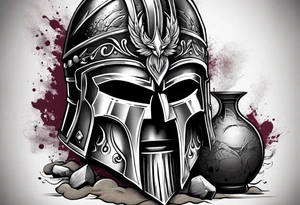 Create a faceless Spartan warrior helmet image with weight and below with a flying owl holding an old wine goblet and an hourglass with sand falling from it. tattoo idea