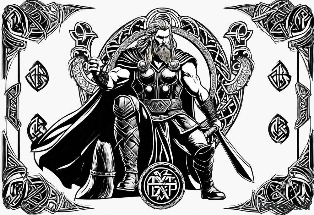 Thor with Viking runes in the background as a vignette tattoo idea