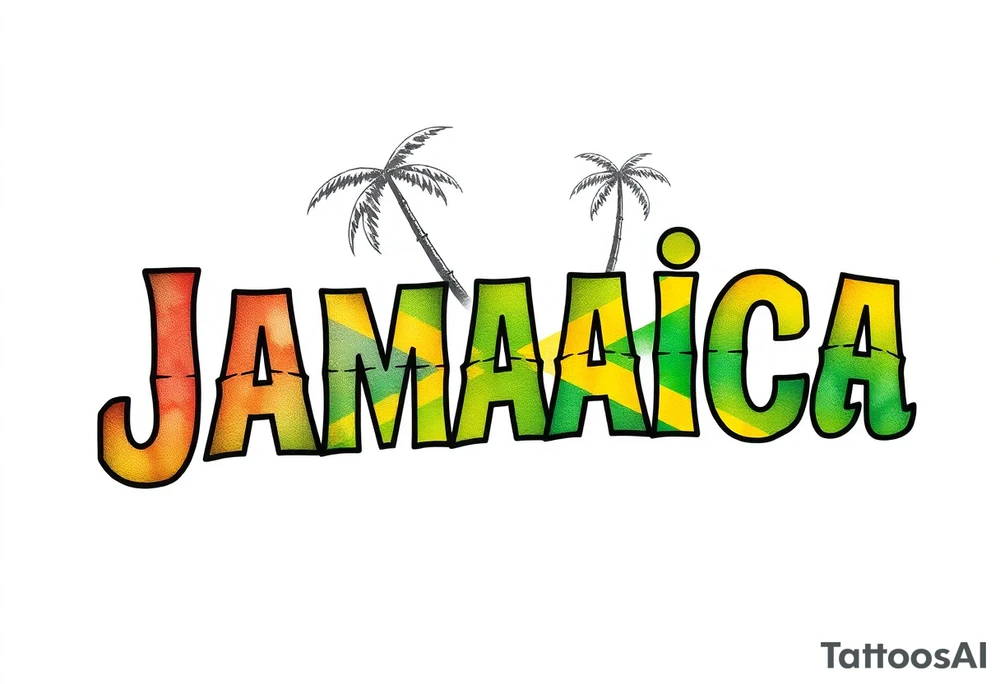 an image that represent jamaican daily island life with the words jamaica in the jamaican flag colors tattoo idea