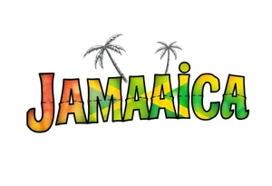 an image that represent jamaican daily island life with the words jamaica in the jamaican flag colors tattoo idea