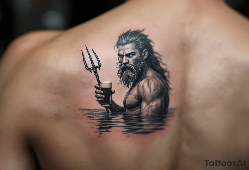 young, fit poseidon in calm water, holding a trident, holding a beer, looking at you tattoo idea