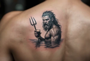 young, fit poseidon in calm water, holding a trident, holding a beer, looking at you tattoo idea