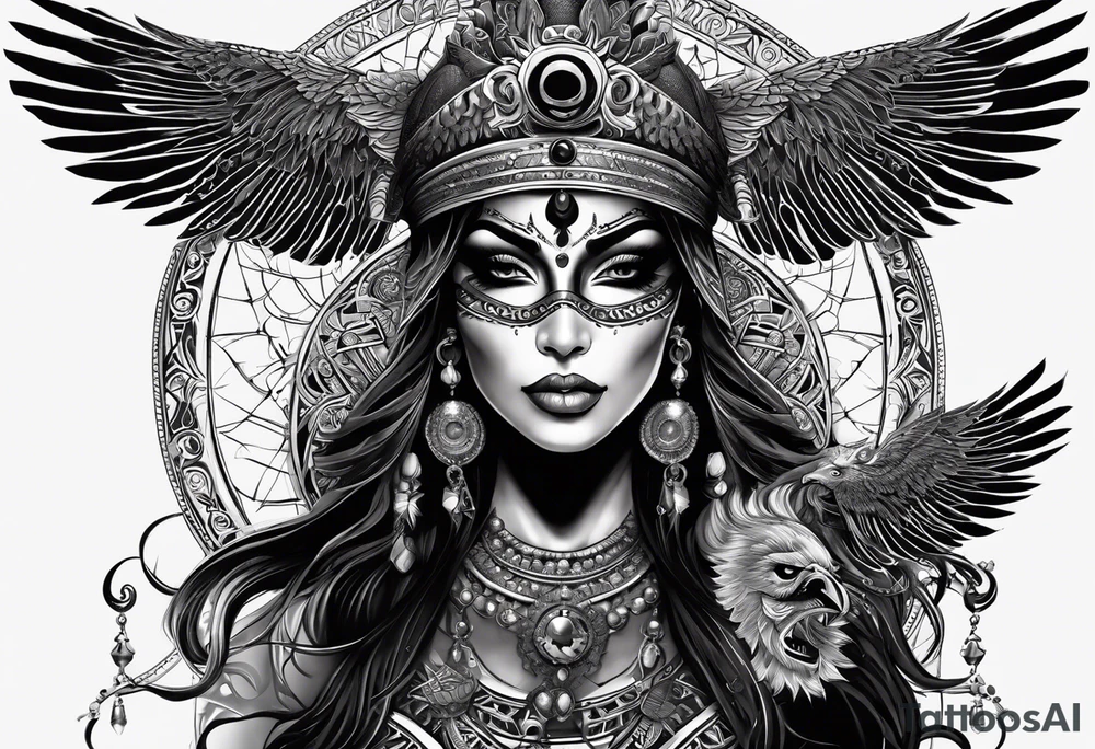 black kali, goddess pirate, alien, pachamama, valkrye, warrior, skull, lotus azul, wing, eagle, zenza resonance, stars, 5D, anahata chakra tattoo idea