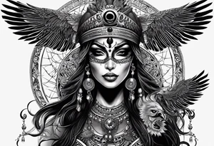 black kali, goddess pirate, alien, pachamama, valkrye, warrior, skull, lotus azul, wing, eagle, zenza resonance, stars, 5D, anahata chakra tattoo idea