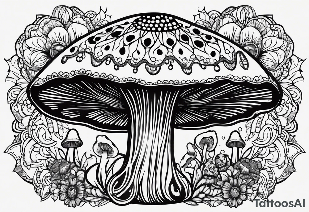 Large Shaggy cap mushroom dripping ink off cap with 4 smaller mushrooms around it mandala henna black tattoo design tattoo idea