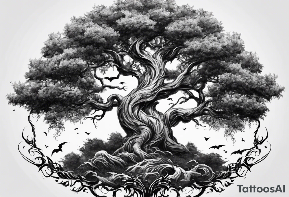 Tree of yigdrassil made from dragon with skull outline tattoo idea