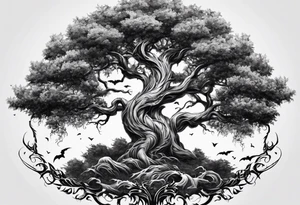 Tree of yigdrassil made from dragon with skull outline tattoo idea