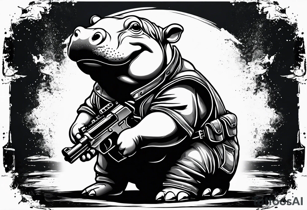 Baby hippo wearing overalls and holding a gun tattoo idea