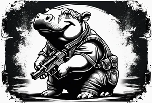 Baby hippo wearing overalls and holding a gun tattoo idea
