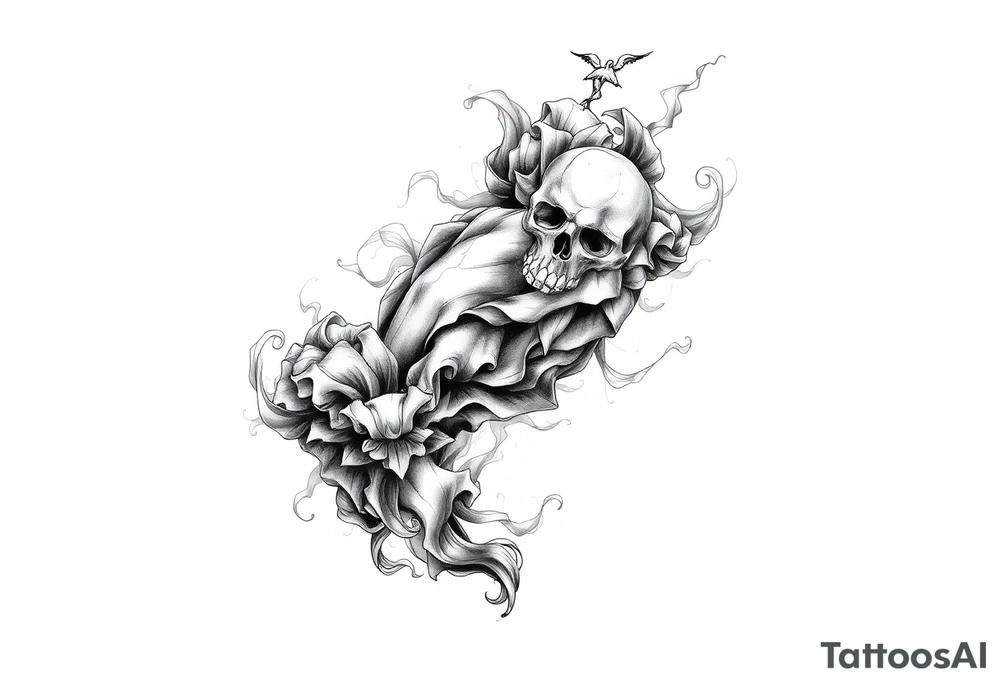 Tattoo sleeve filler using smoke, ash, and fragmented memory effects, organic flow wrapping around arm muscles, soft gradients, negative space, black and grey realism, seamless transitions between main tattoo elements. tattoo idea