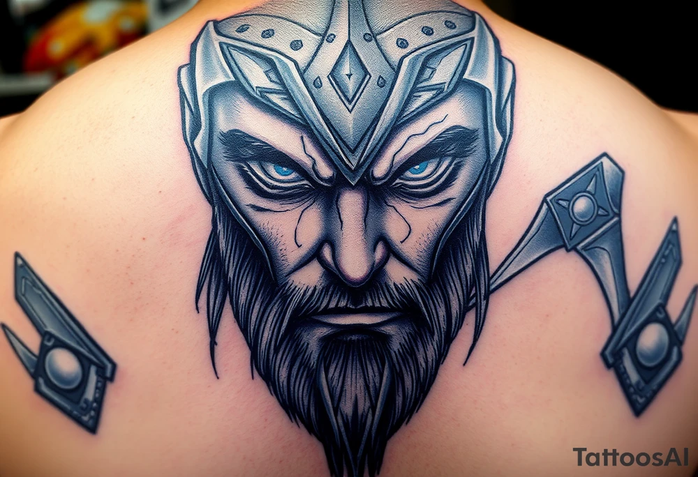 A close-up of Thor’s face from Endgame, with battle scars, glowing blue eyes, and Stormbreaker raised, in hyper-realistic shades of blue, silver, and deep red. tattoo idea