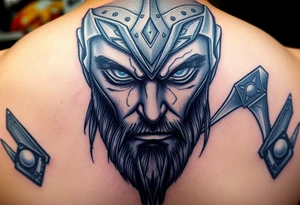 A close-up of Thor’s face from Endgame, with battle scars, glowing blue eyes, and Stormbreaker raised, in hyper-realistic shades of blue, silver, and deep red. tattoo idea