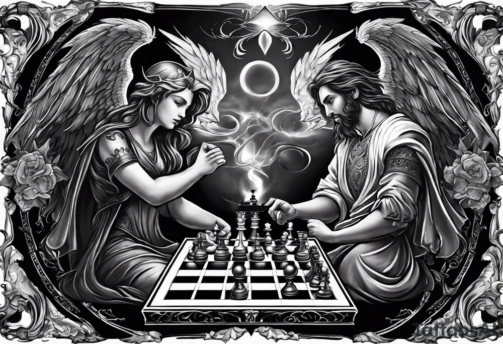 Depict an angel and devil engaged in a chess game, with the chessboard reflecting the cosmic battleground between good and evil, symbolizing the strategic nature of the eternal conflict. tattoo idea