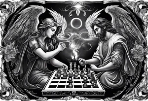 Depict an angel and devil engaged in a chess game, with the chessboard reflecting the cosmic battleground between good and evil, symbolizing the strategic nature of the eternal conflict. tattoo idea