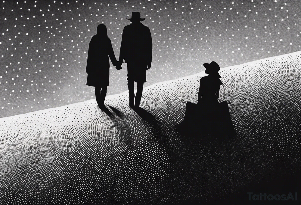 2 black shadows of people standing over 2 dead siloets tattoo idea