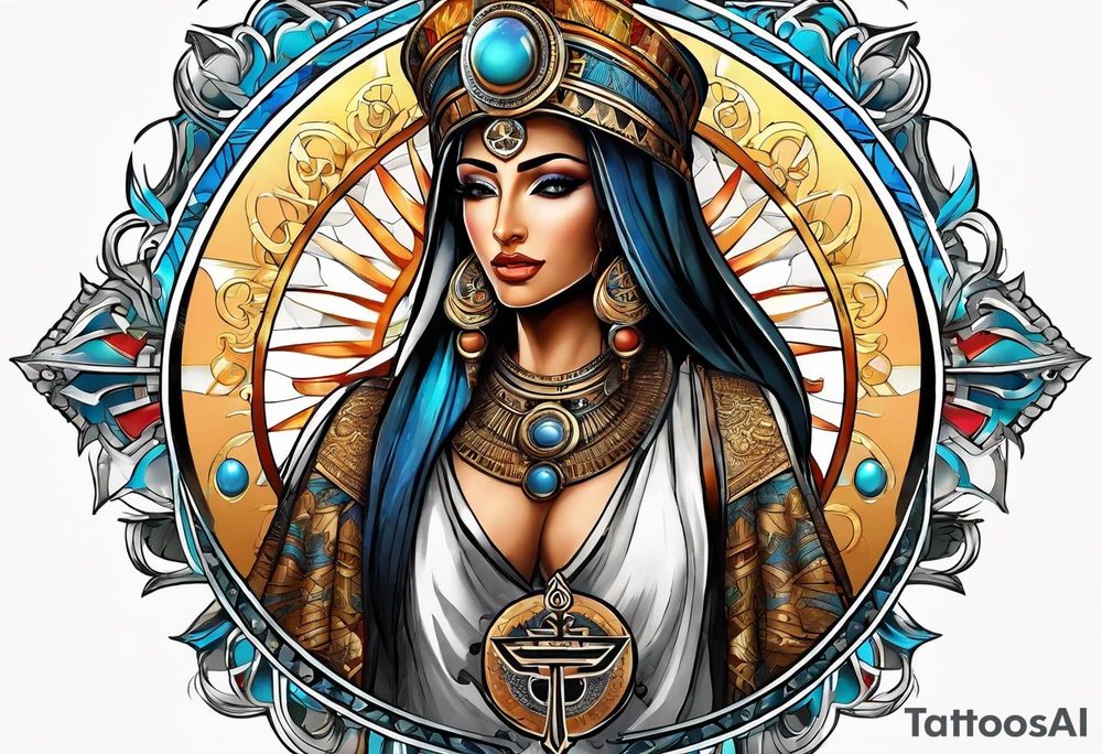 Isis (top center): With wings and the sun disc on her head, holding the ankh. tattoo idea