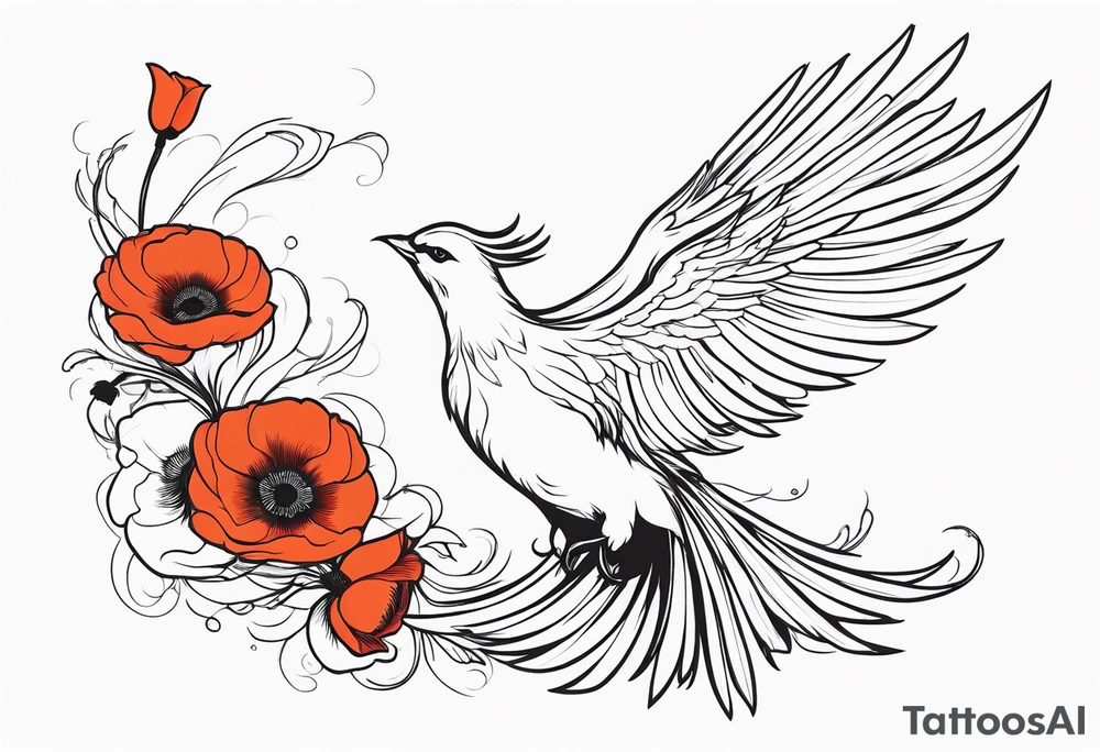outline of phoenix in flight
in profile long tail with claws holding poppies falling tattoo idea