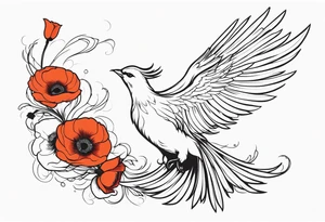 outline of phoenix in flight 
in profile long tail with claws holding poppies falling tattoo idea