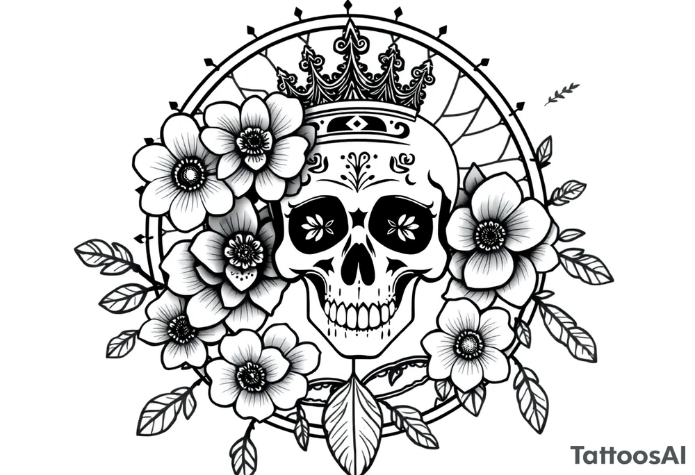 Mandala dream catcher with detailed beautiful gothic boho flowers on vine and skull with gorgeous crown tattoo idea