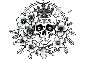 Mandala dream catcher with detailed beautiful gothic boho flowers on vine and skull with gorgeous crown tattoo idea