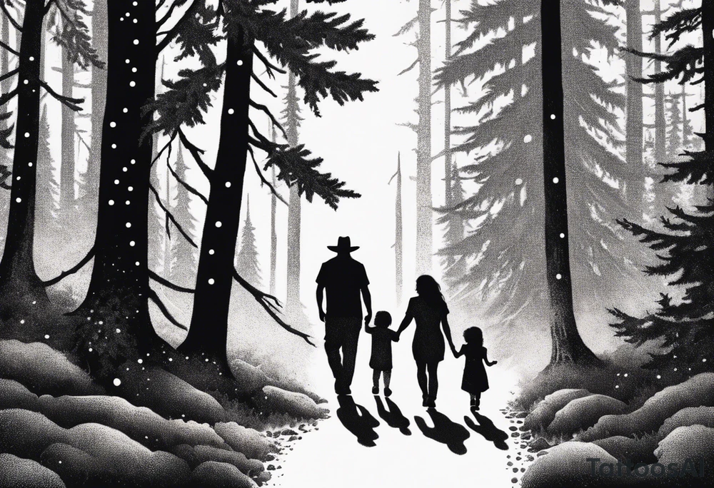 Chicano art . A shadow of a Man and Woman and young son and young daughter  walking through the Pacific Northwest Forrest. Crosses. tattoo idea