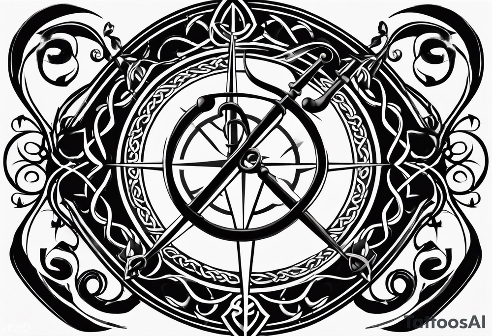 Celtic styling, anchor, compass, bass clef note, treble clef note, dog paw print, half sleeve, forearm tattoo idea