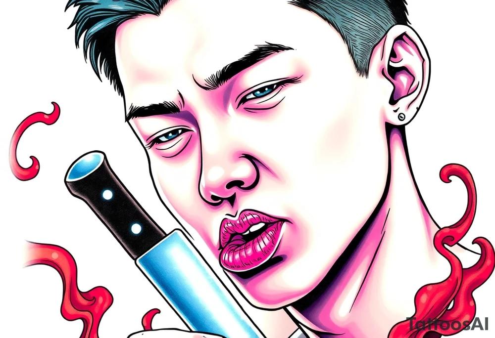 Handsome Asian young guy is licking a knife tattoo idea