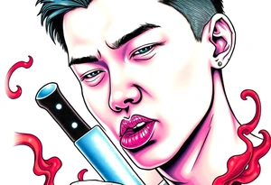 Handsome Asian young guy is licking a knife tattoo idea