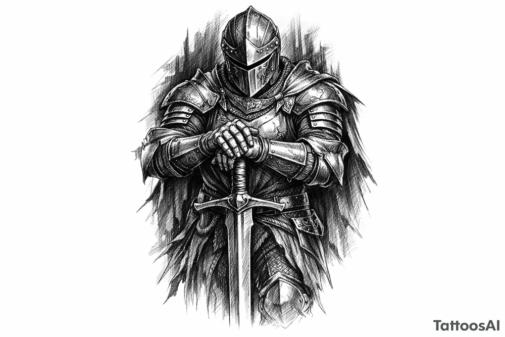 Knight in ornate plate armor, sword planted, shadowed background. tattoo idea