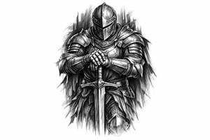 Knight in ornate plate armor, sword planted, shadowed background. tattoo idea