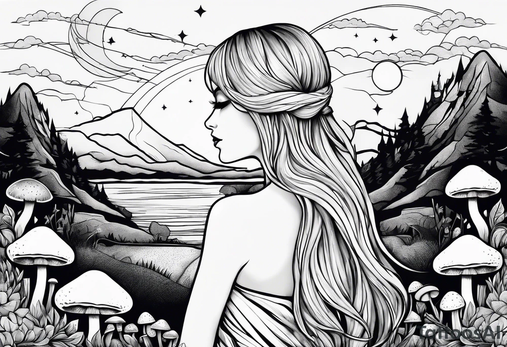 Straight blonde hair girl facing away mountains surrounded by mushrooms crescent moon tattoo idea