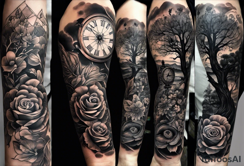 black and grey composition of three elements, 1), combination old school pocket watch and nautical compass, 2) a tree of life and 3) a doctor bird, connected together by lignum vitae flowers, on the arm 3/4 sleeve tattoo idea