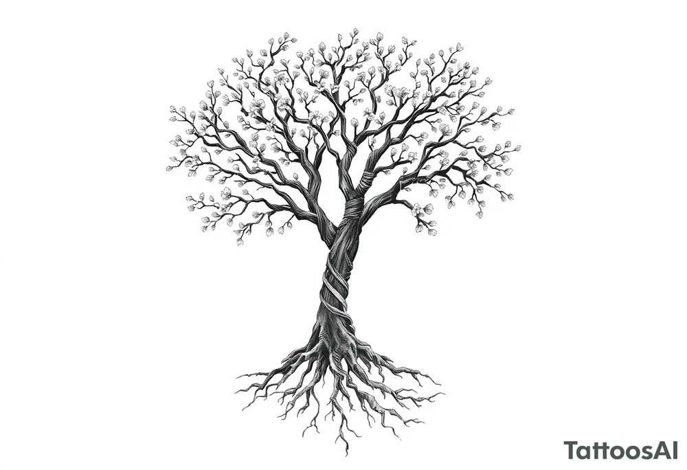 A tree with deep roots or blooming branches symbolizes personal growth, with dna strands as roots tattoo idea