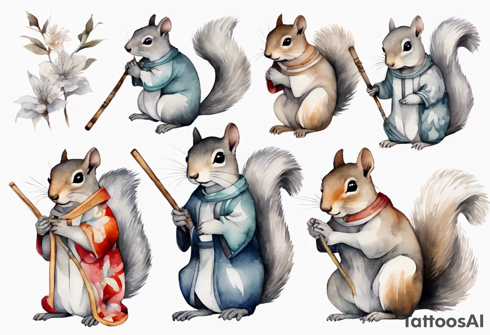 a sad grey squirrel dressed in a tunic holding a large silver stick tattoo idea