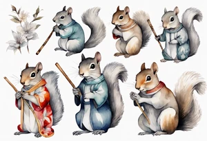 a sad grey squirrel dressed in a tunic holding a large silver stick tattoo idea