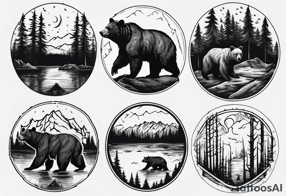 bear, forest, lake, appalachia, arm sleeve tattoo tattoo idea