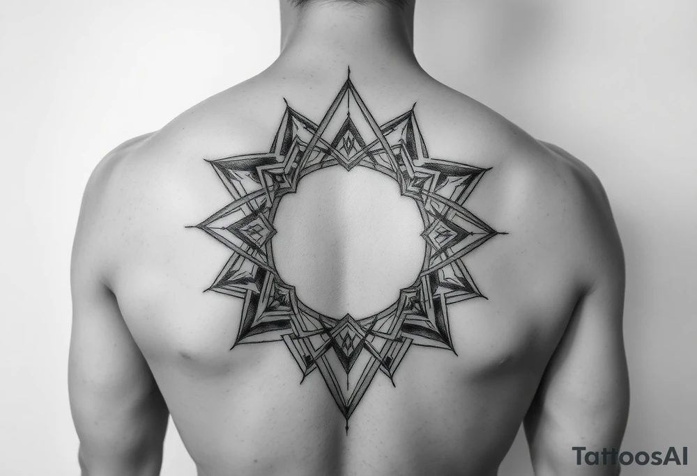 other worldly that covers the upper middle back and is geometric that also uses negative spaces tattoo idea