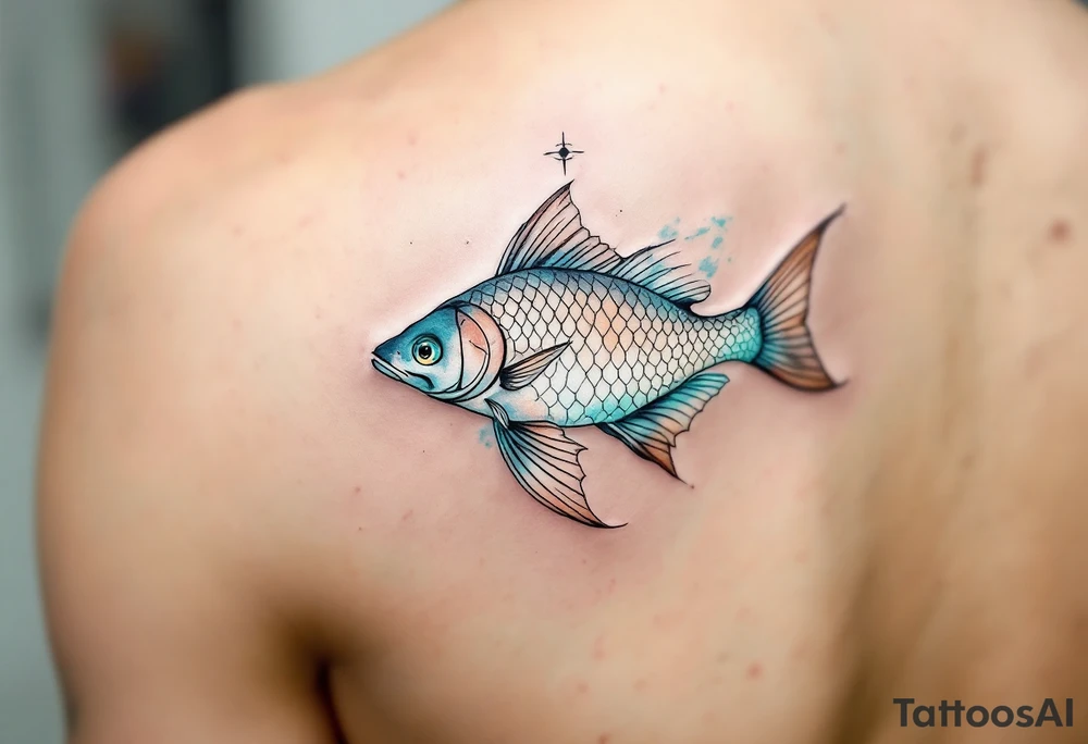 Spiritual River Catfish – A serene catfish with pearl-white and silver scales, its fins fading into soft watercolor washes of aqua and mint, floating beneath a spiritual eye symbol. tattoo idea