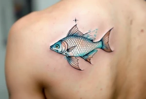 Spiritual River Catfish – A serene catfish with pearl-white and silver scales, its fins fading into soft watercolor washes of aqua and mint, floating beneath a spiritual eye symbol. tattoo idea