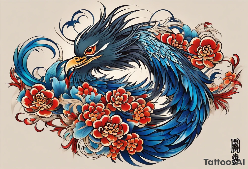 Create an intricate tattoo design of a Japanese phoenix in traditional Irezumi style. The phoenix should have a majestic and dynamic pose, with flowing feathers that exhibit traditional Japanese tattoo patterns. Its skin color should be a rich blue with varying shades, creating a sense of depth and movement. Include traditional Irezumi elements like clouds, waves, and subtle flames, blending them harmoniously with the phoenix. The tattoo should have a dramatic, detailed look with bold outlines and shading. Incorporate the Aquarius symbol discreetly within the design, possibly hidden among the feathers or subtly integrated into the background, to blend seamlessly with the overall artwork. tattoo idea