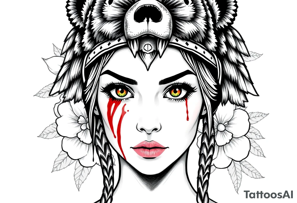 Young Symmetrical Beautiful Woman, looking forward, with colored eyes, shedding a tear, with battle scars and blood on face, with soft look, wearing a mean looking bear headdress on head, with flower background tattoo idea