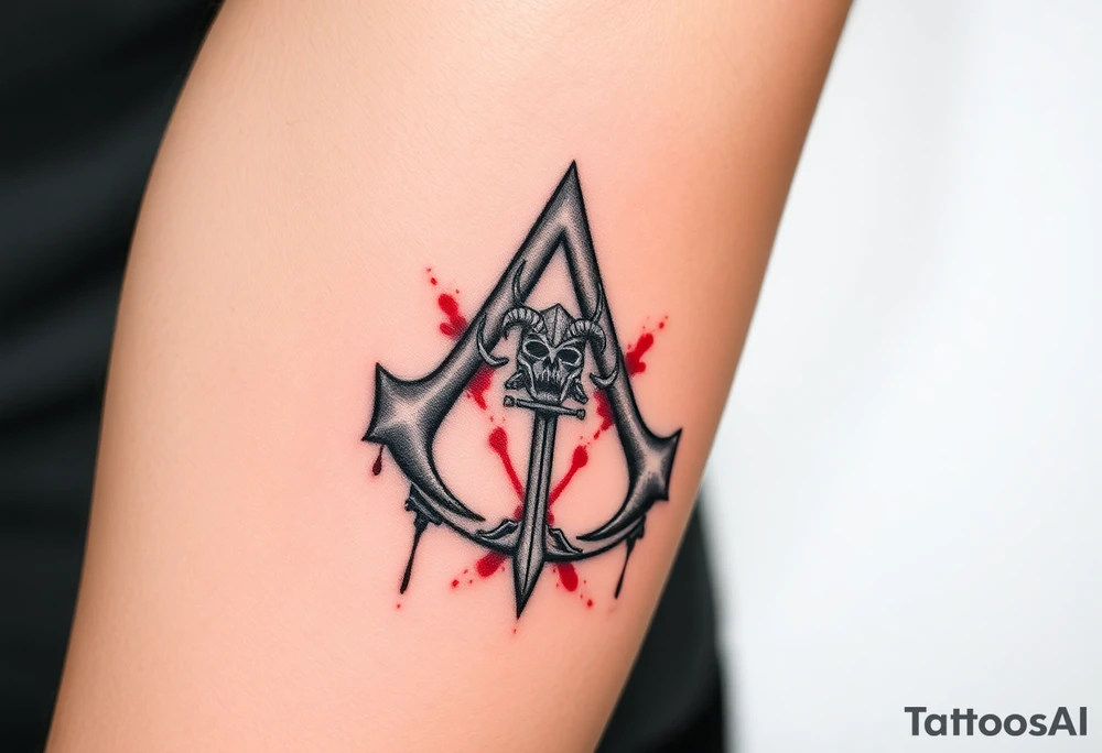 Assassins Creed emblem with gladiator helmet and sword inside and blood splashes incorporated into logo. tattoo idea