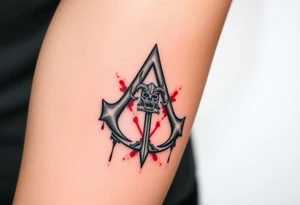 Assassins Creed emblem with gladiator helmet and sword inside and blood splashes incorporated into logo. tattoo idea