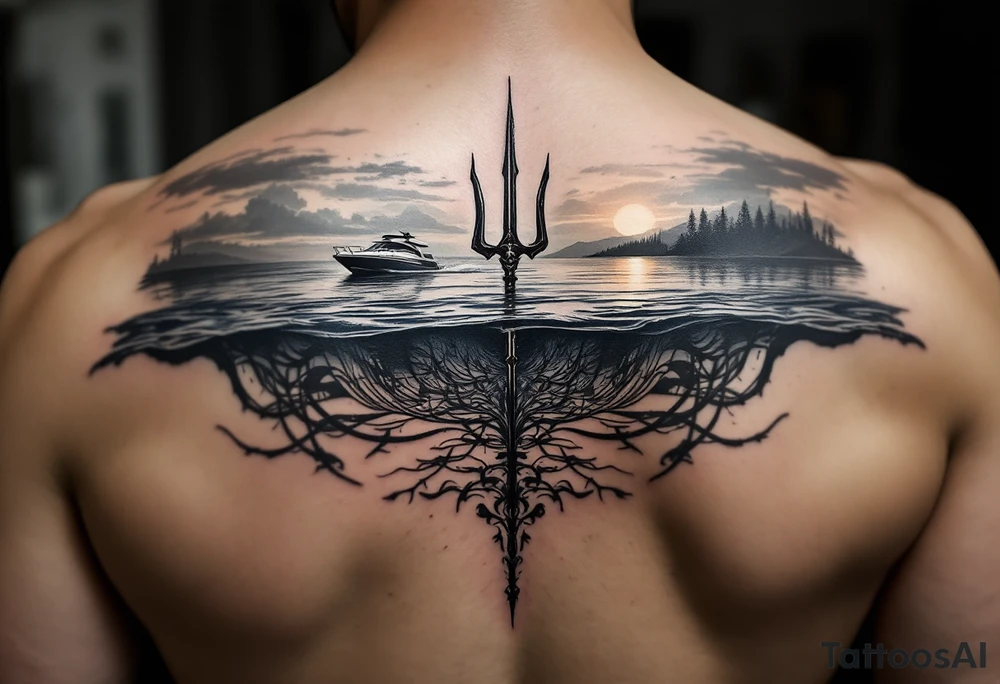 trident half way under calm water with skiboat and sunset tattoo idea